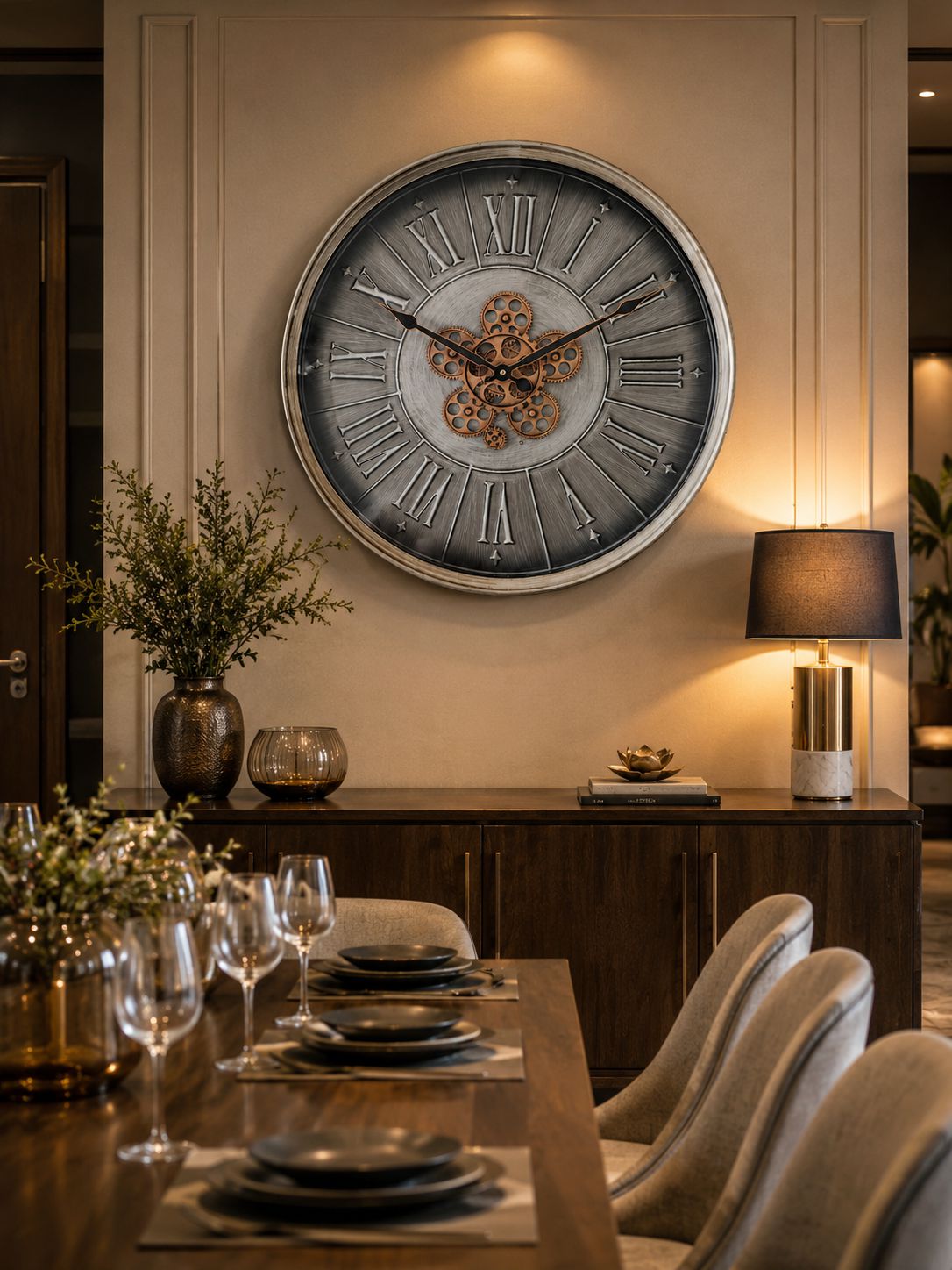 Luxury Dining Room Decor with Large Silver Moving Gear Wall Clock