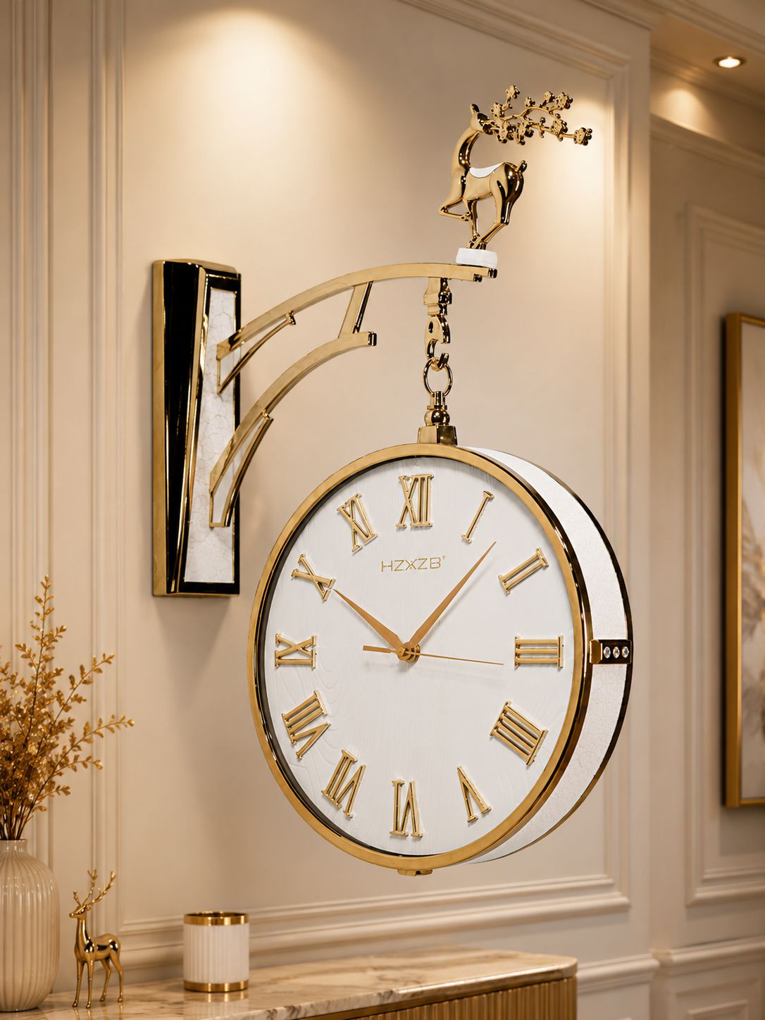 Luxury Dual-Sided Deer Wall Clock White Dial Gold Frame Premium Fibre Body