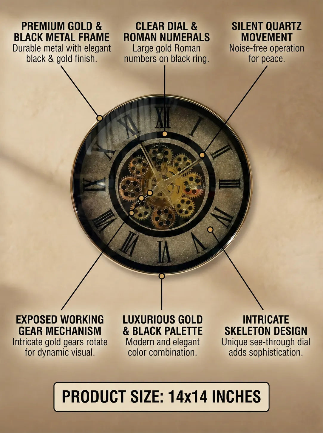 Open-gear wall clock with Roman numerals, exposed gold gears, black dial, and gold metal frame