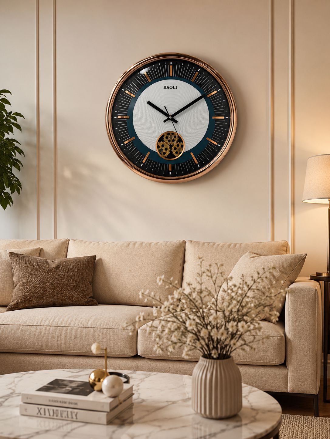 Luxury Rose Gold Decorative Gear Wall Clock Installed in Modern Living Room