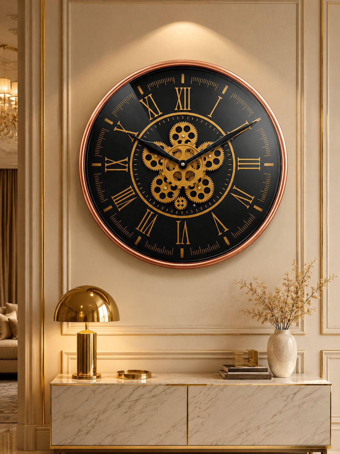 Luxury Rose Gold Moving Gear Wall Clock in Modern Living Room