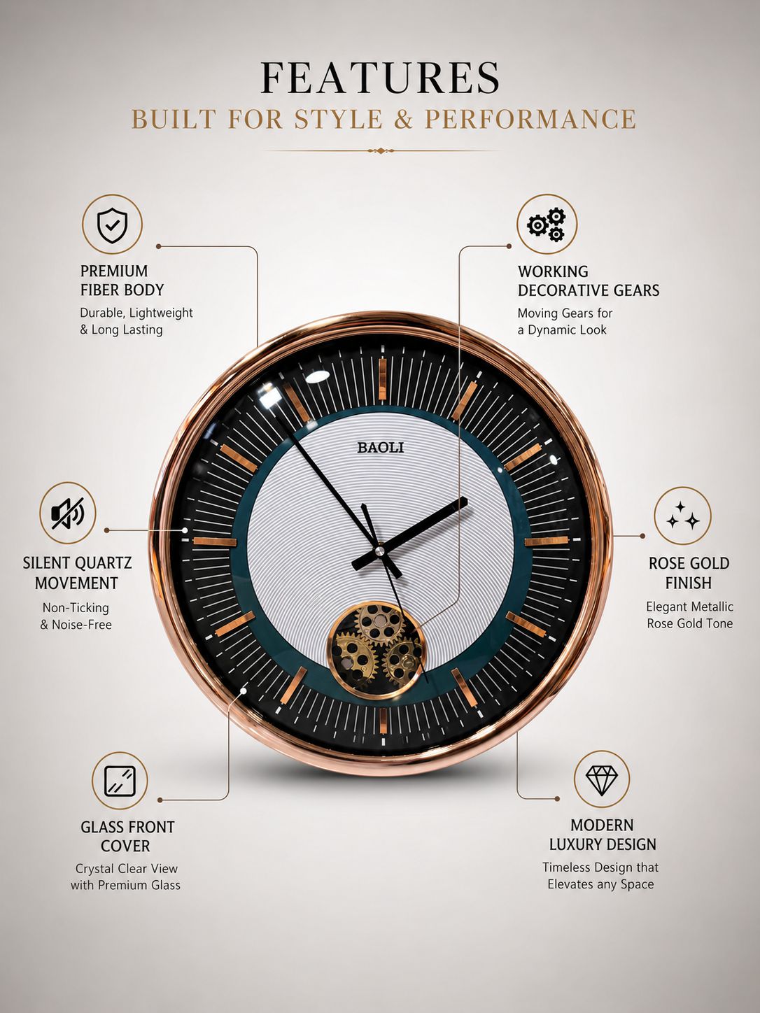 Luxury Silent Quartz Wall Clock Features Working Gears Glass Cover Rose Gold Finish