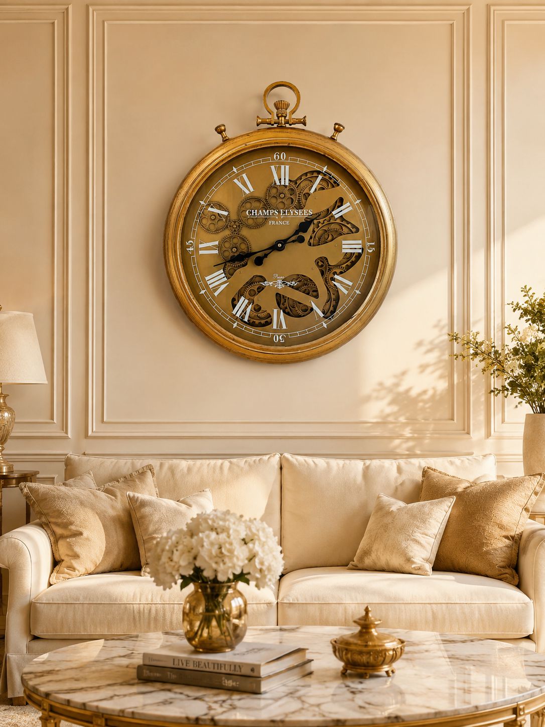 Luxury Vintage Pocket Watch Style Moving Gear Metal Wall Clock Antique Gold Roman Numeral Dial