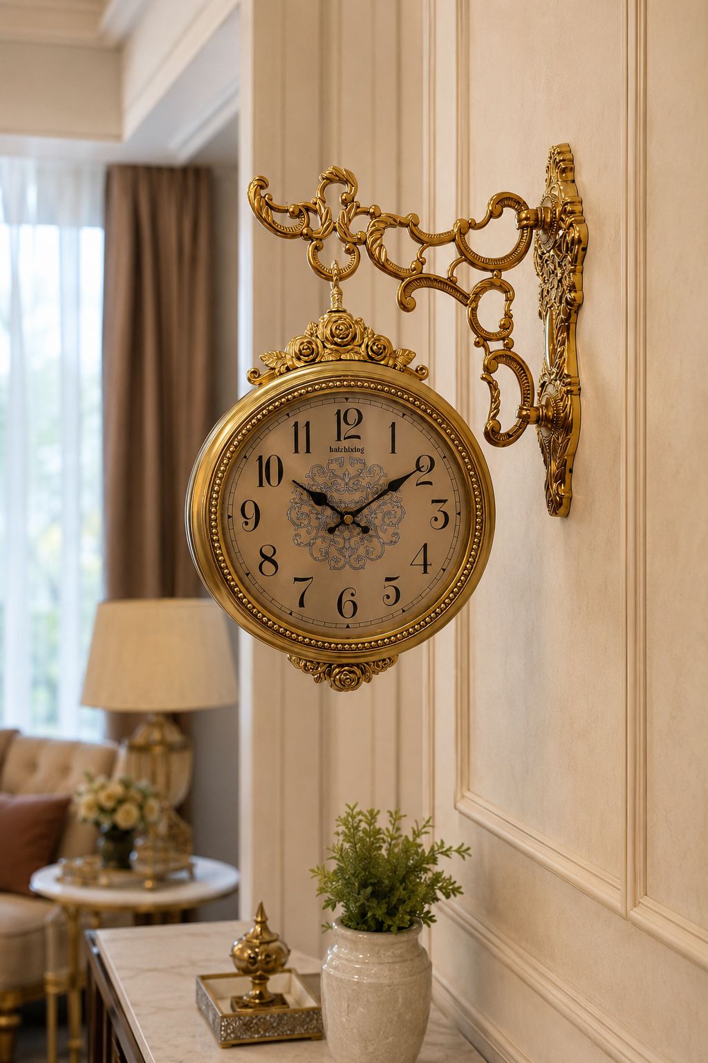 Luxury antique gold hanging wall clock with Arabic numeral dial in modern living room