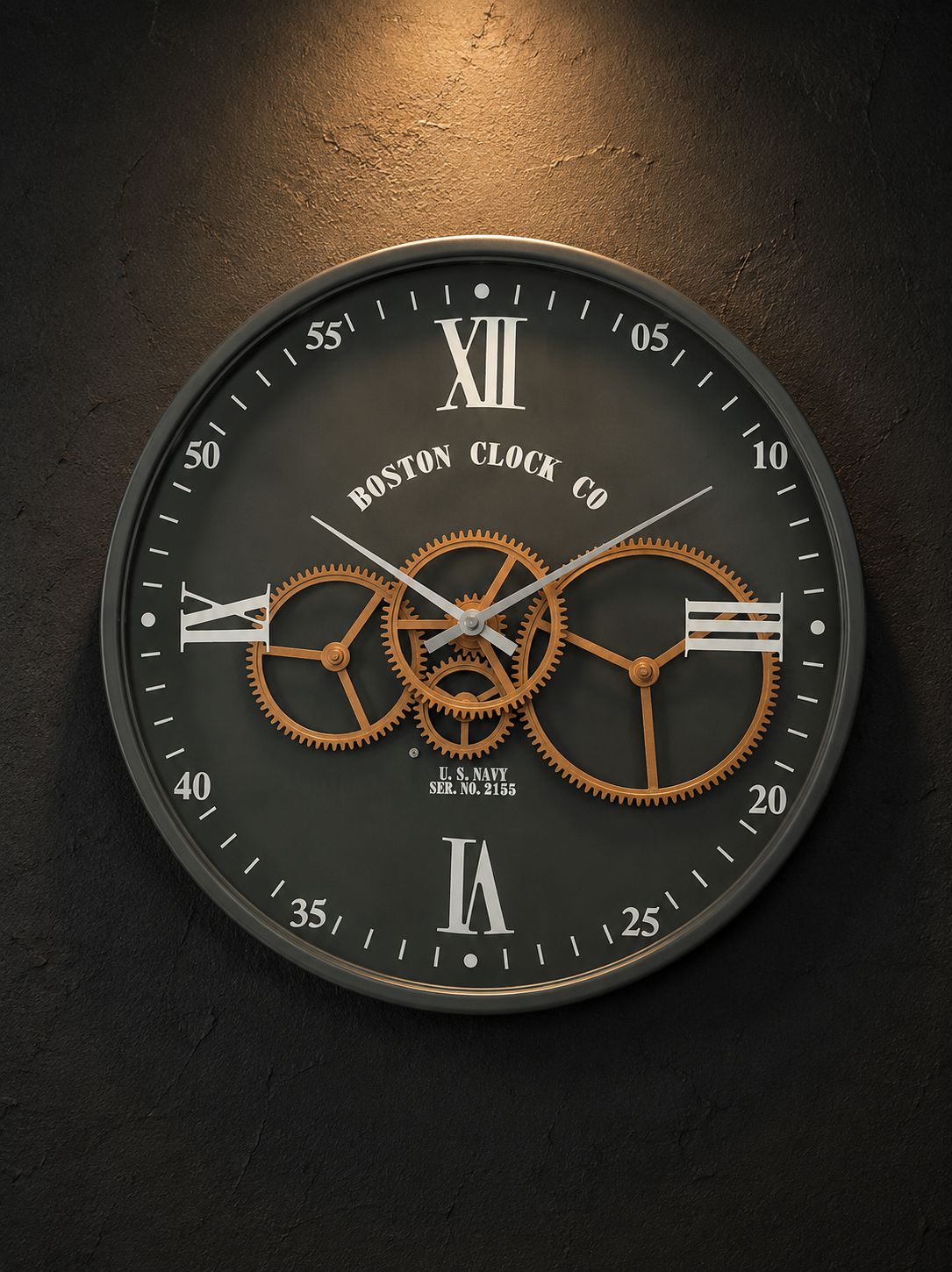 Luxury black metal moving gear wall clock on textured dark accent wall