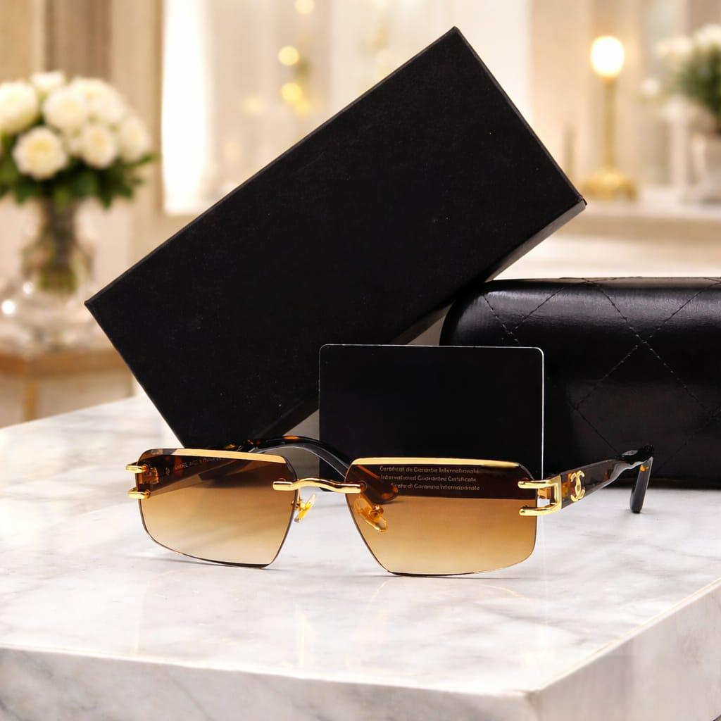 Luxury brown gradient frameless sunglasses with gold detailing