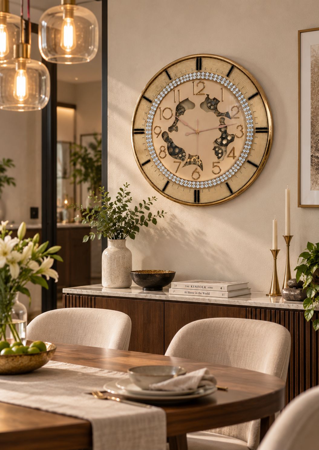 Luxury champagne wall clock with working gear mechanism behind glass, crystal accents and gold concentric frame for modern home decor