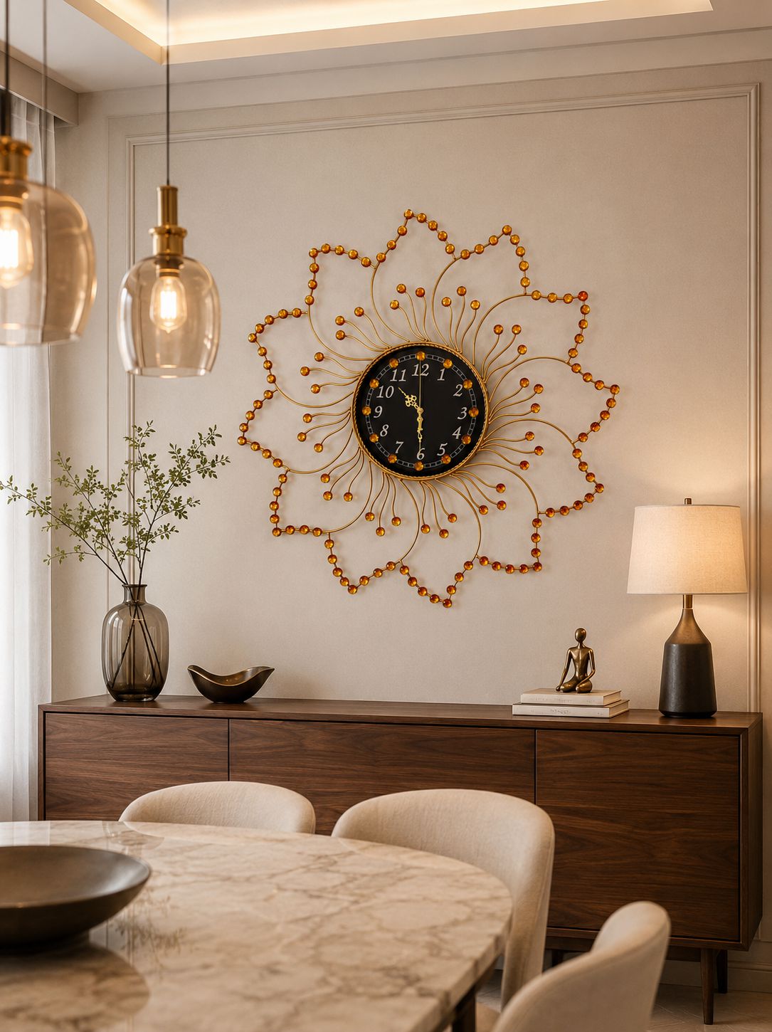 Luxury crystal flower metal wall clock mounted above modern bedroom headboard