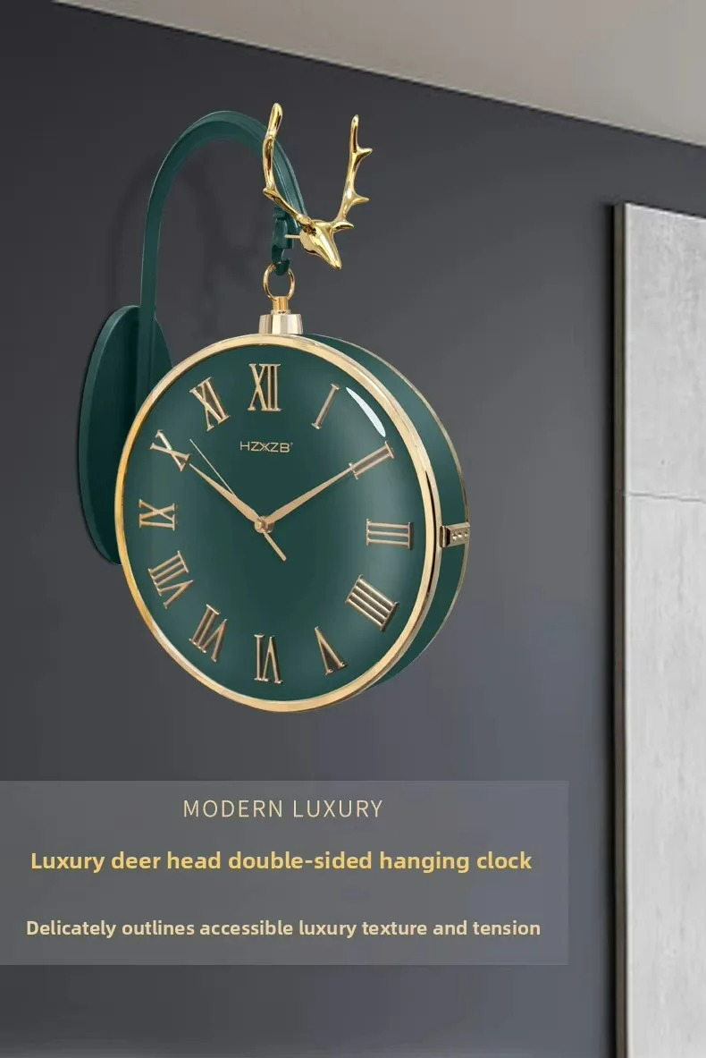 Luxury deer head double-sided hanging clock on a gray wall.