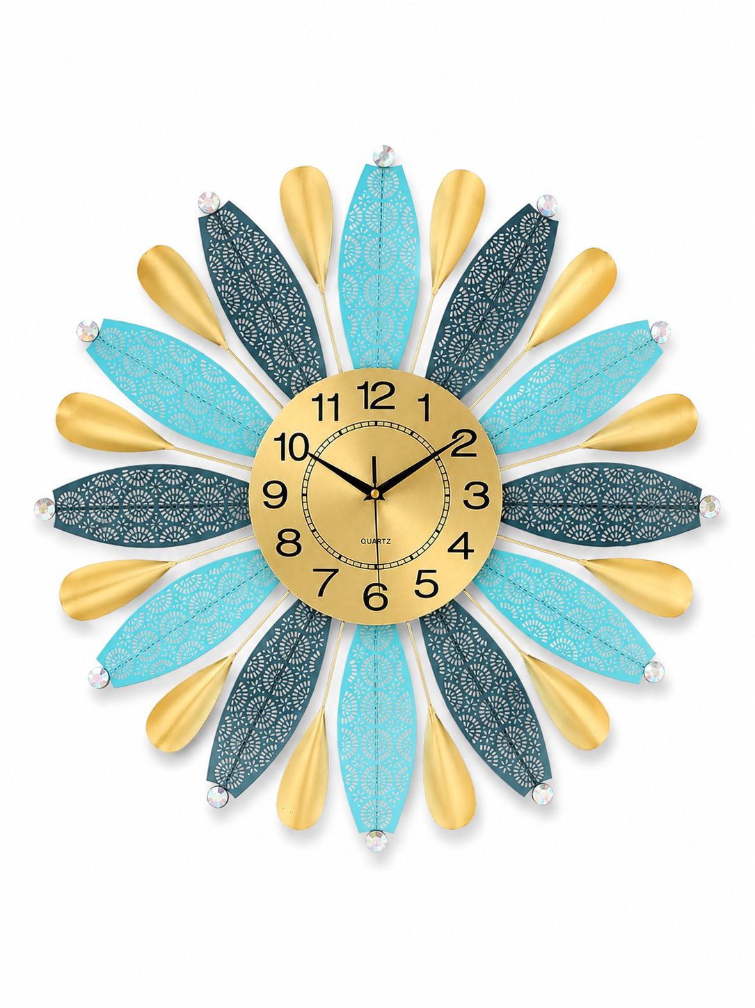 Luxury floral sunburst metal wall clock with turquoise and teal decorative leaves and crystal accents