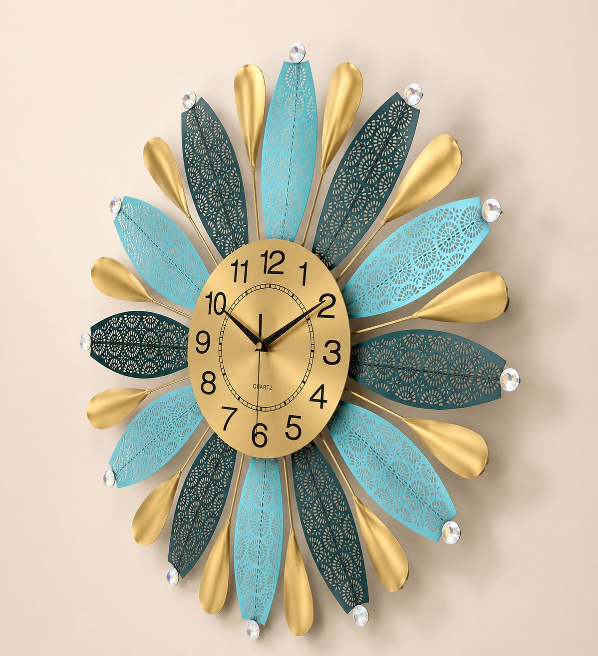 Luxury floral sunburst wall clock with gold dial and decorative crystal accents