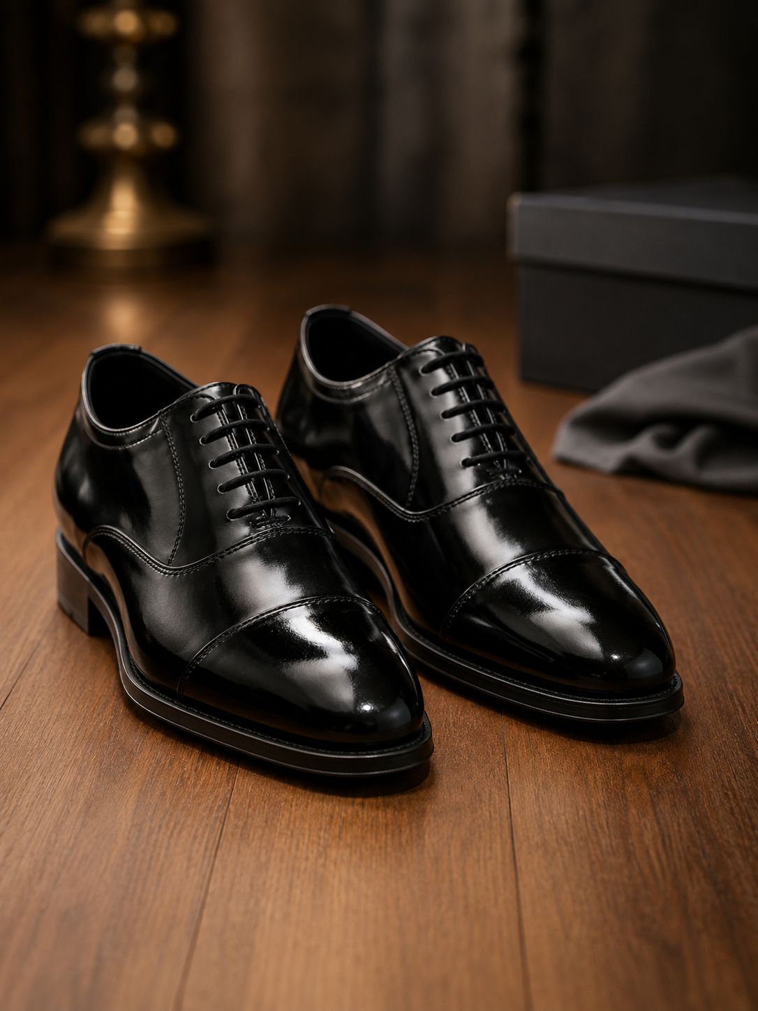 Luxury glossy black Oxford shoes for men lifestyle image