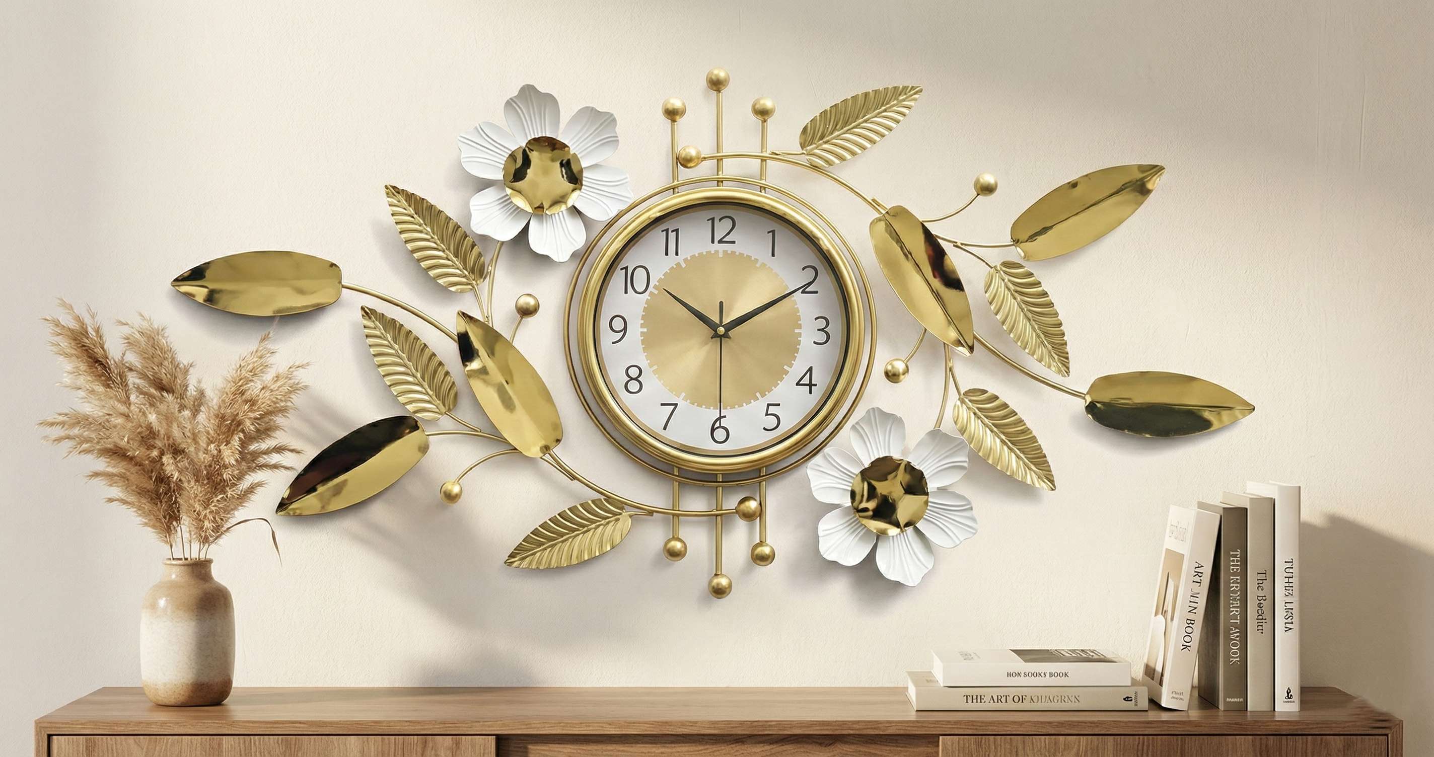 Luxury gold and white floral metal wall clock 90x45cm