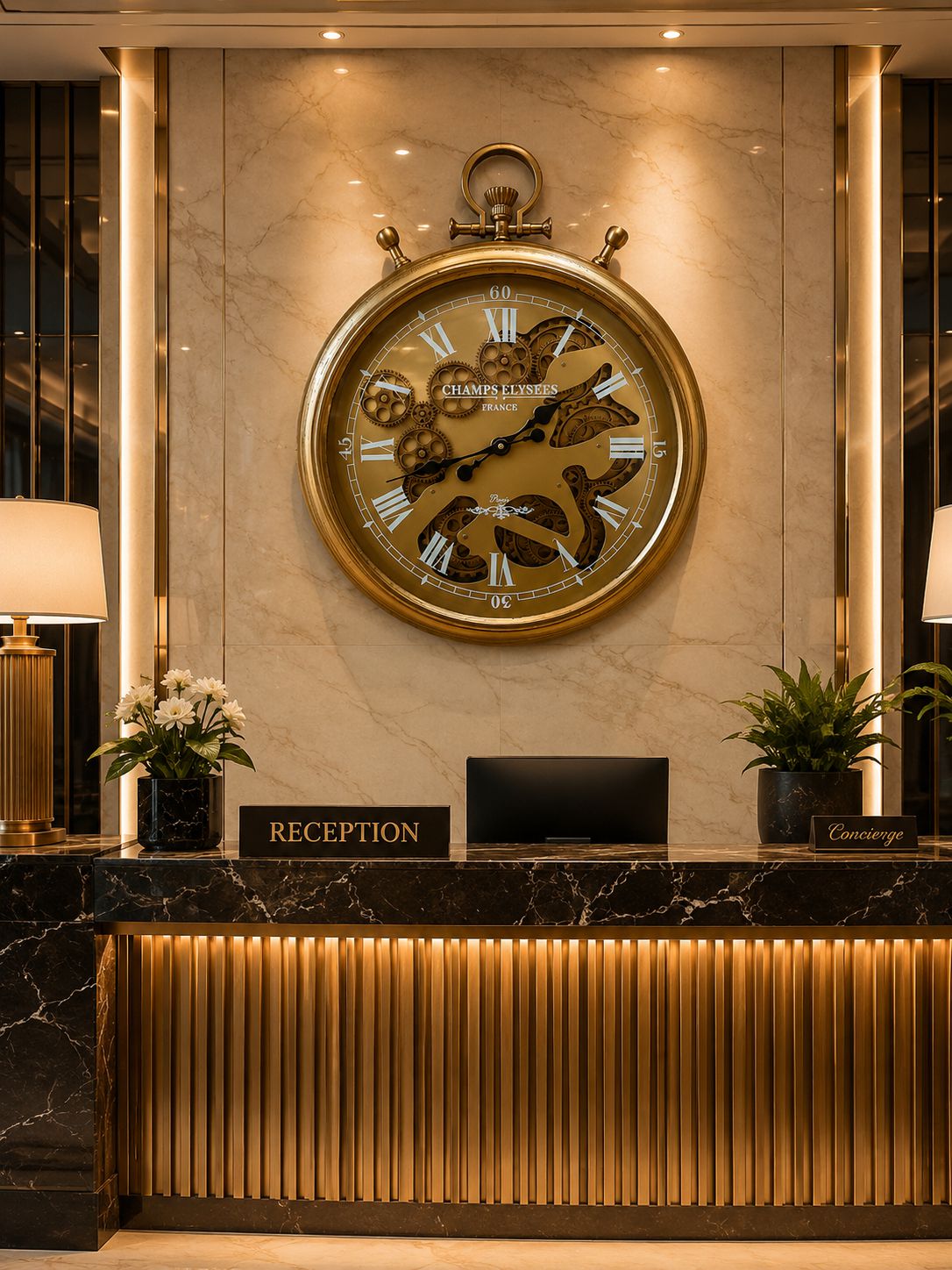 Luxury hotel reception with a large decorative clock on the wall.