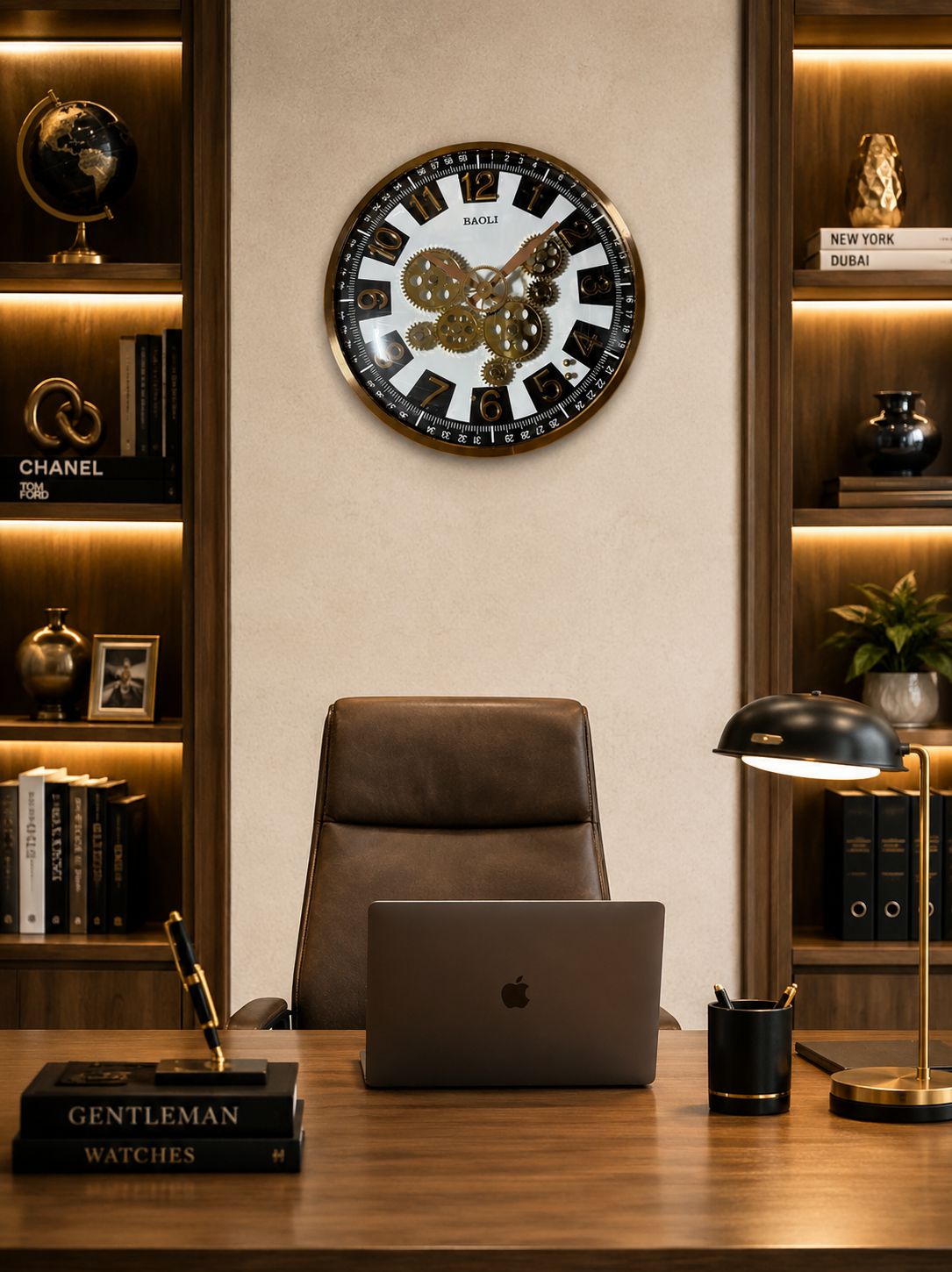 Luxury moving gear wall clock displayed in a modern executive office interior
