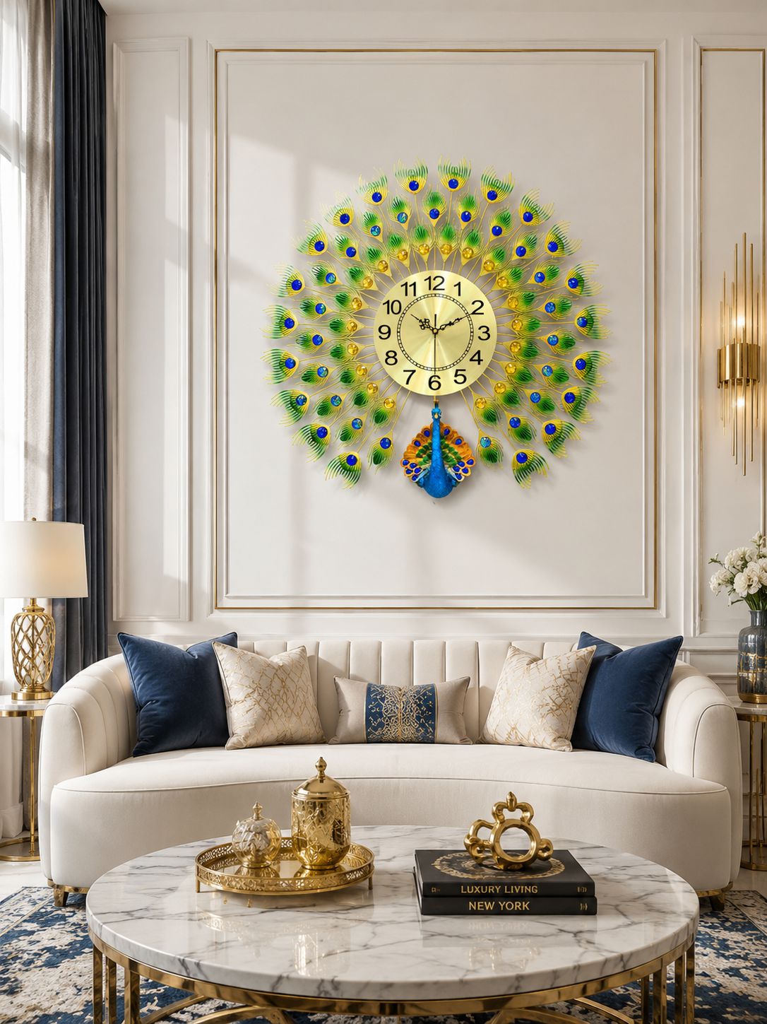 Luxury peacock metal wall clock with ceramic peacock pendant and crystal embellishments