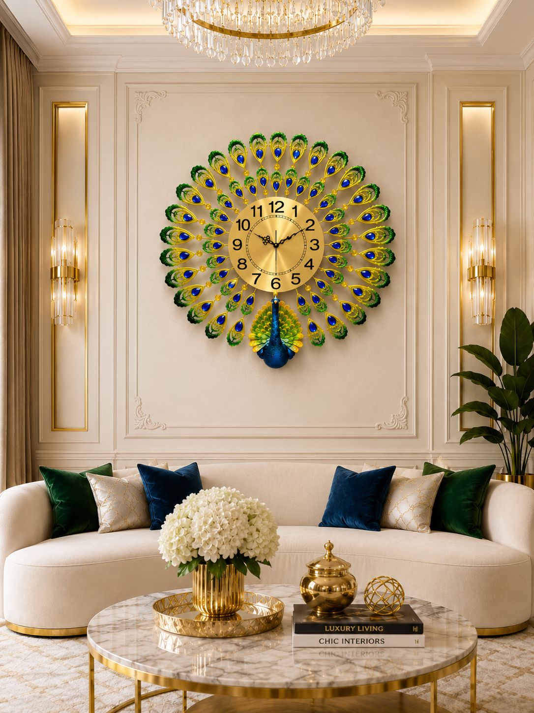 Luxury peacock wall clock mounted above elegant living room sofa