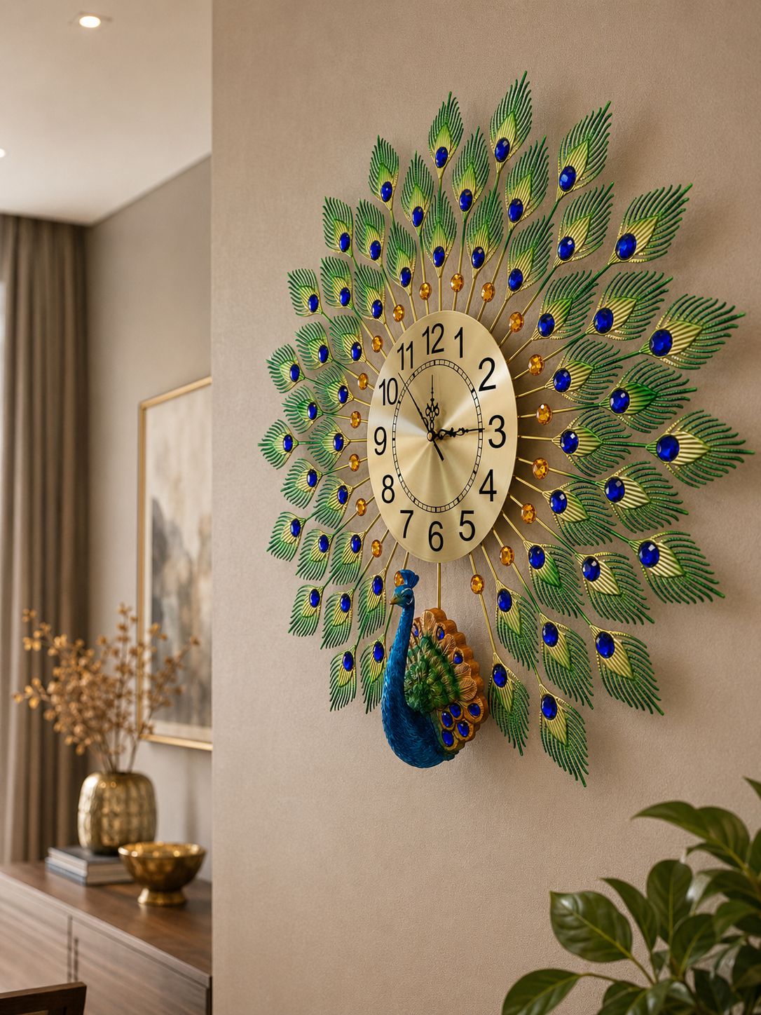 Luxury peacock wall clock mounted on modern living room wall from side angle