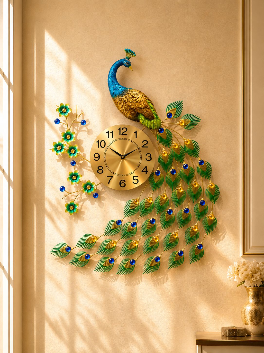 Luxury peacock wall clock with decorative feathers displayed in naturally lit modern home