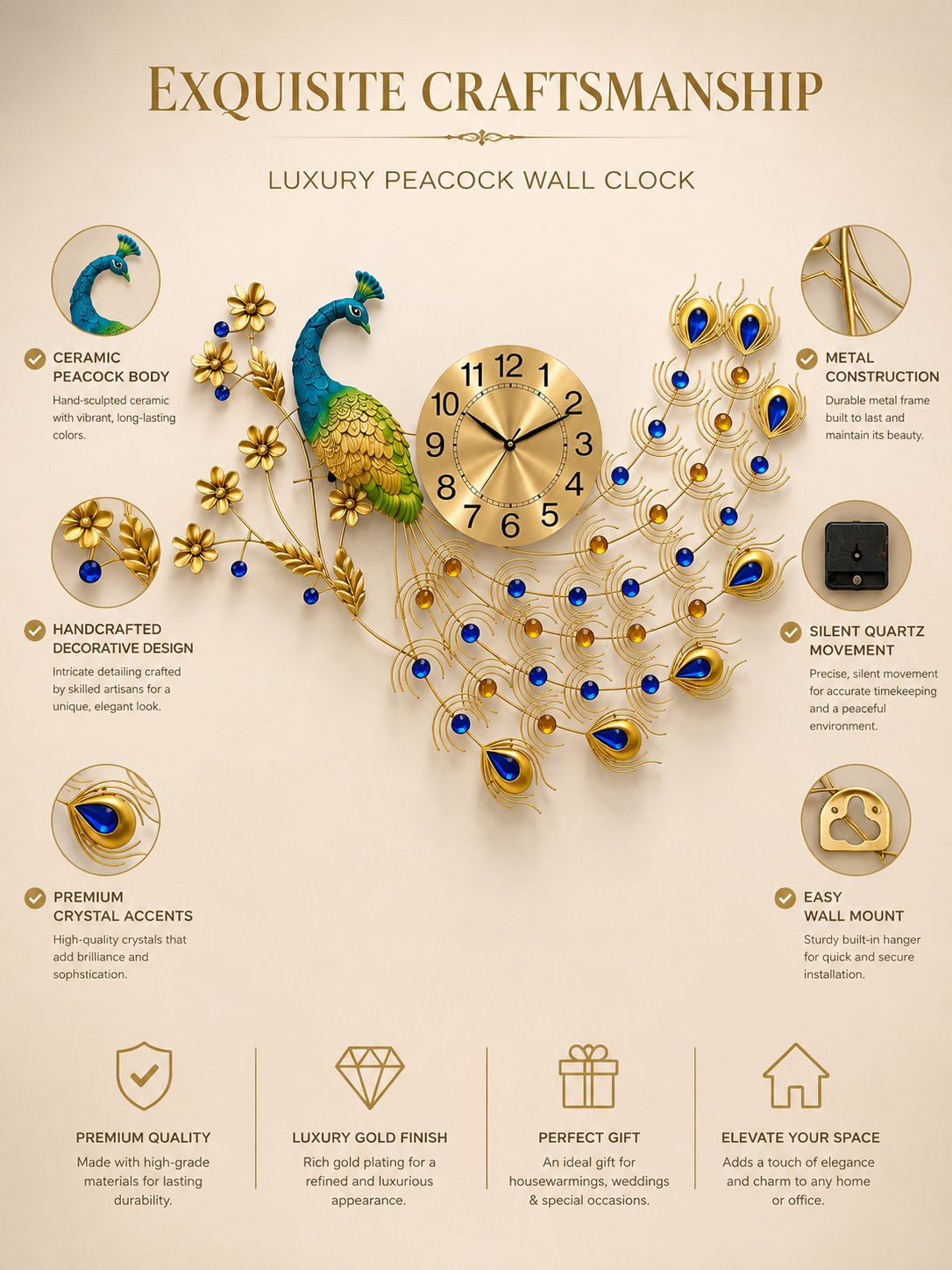 Luxury peacock wall clock with detailed features on a beige background