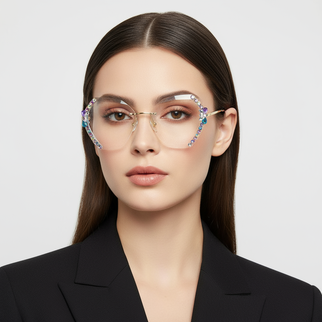 Luxury Diamond-Cut Rimless Eyeglasses | Gold Frame Rhinestone Spectacles for Women