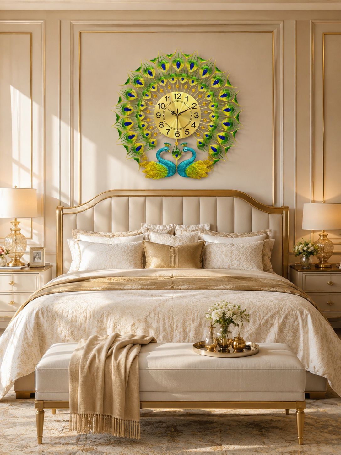 Luxury twin peacock decorative wall clock mounted above premium king-size bed