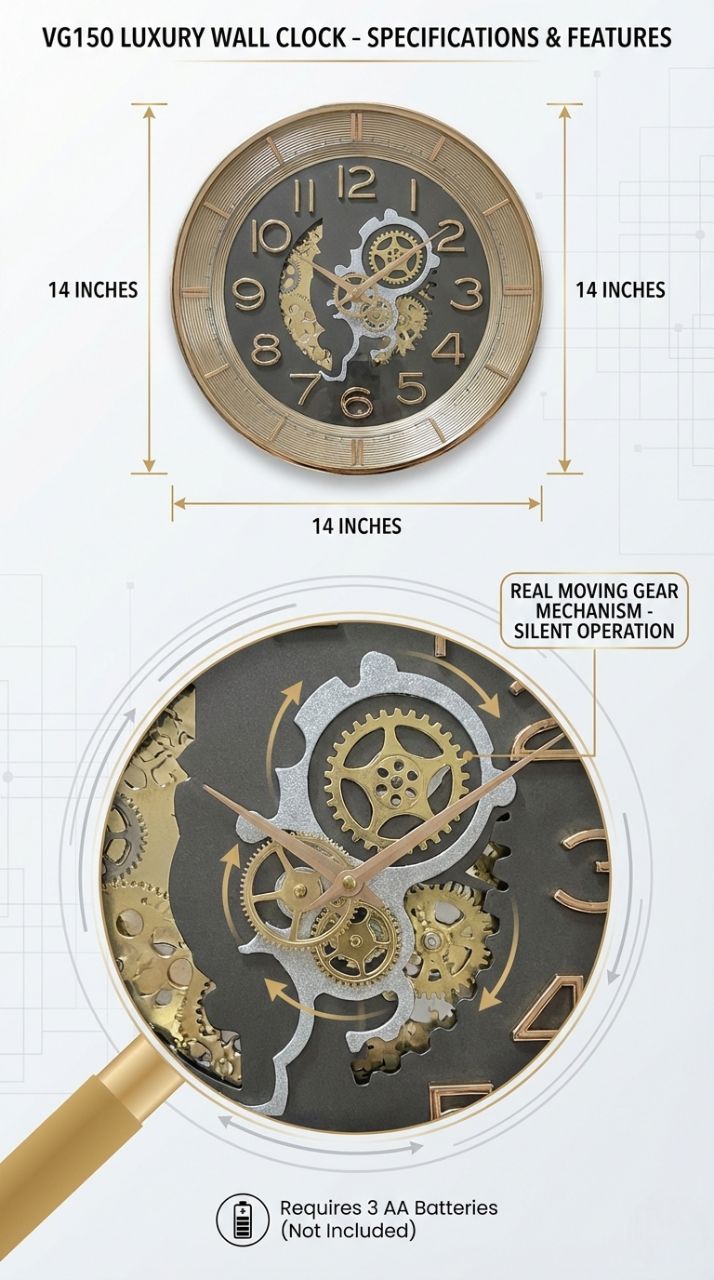 Luxury wall clock with specifications and features on a white background