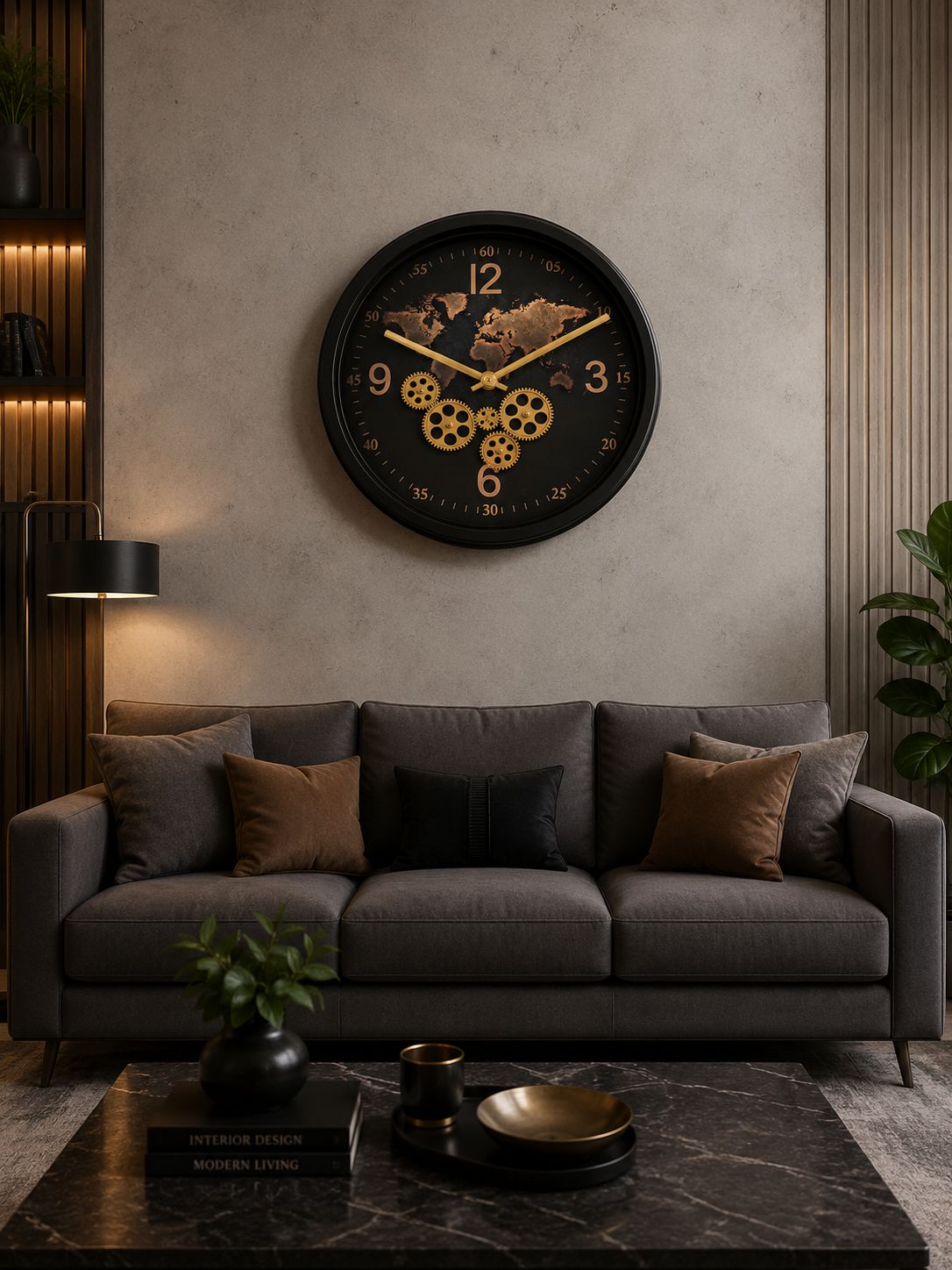 Luxury world map moving gear wall clock displayed in elegant living room interior