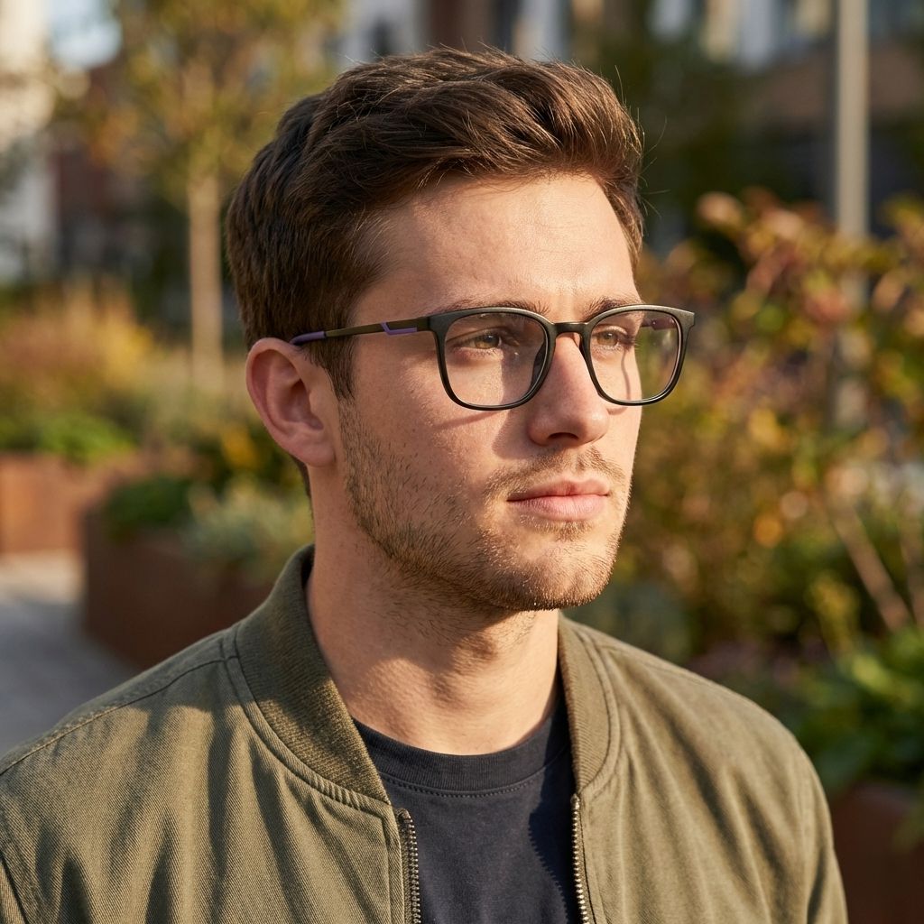 Male model wearing black square eyeglasses with modern minimalist design