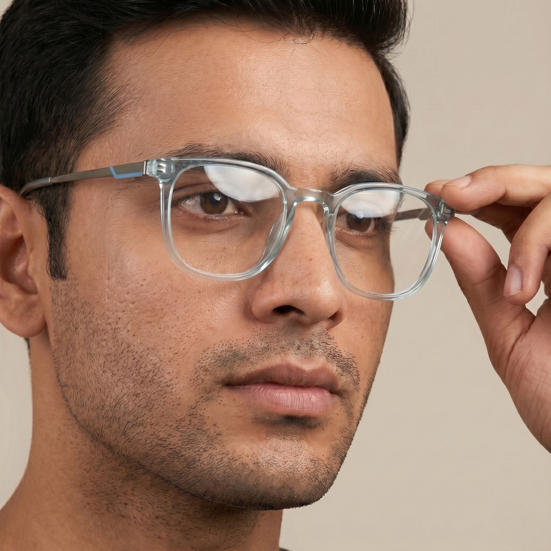 Male model wearing crystal blue eyeglasses