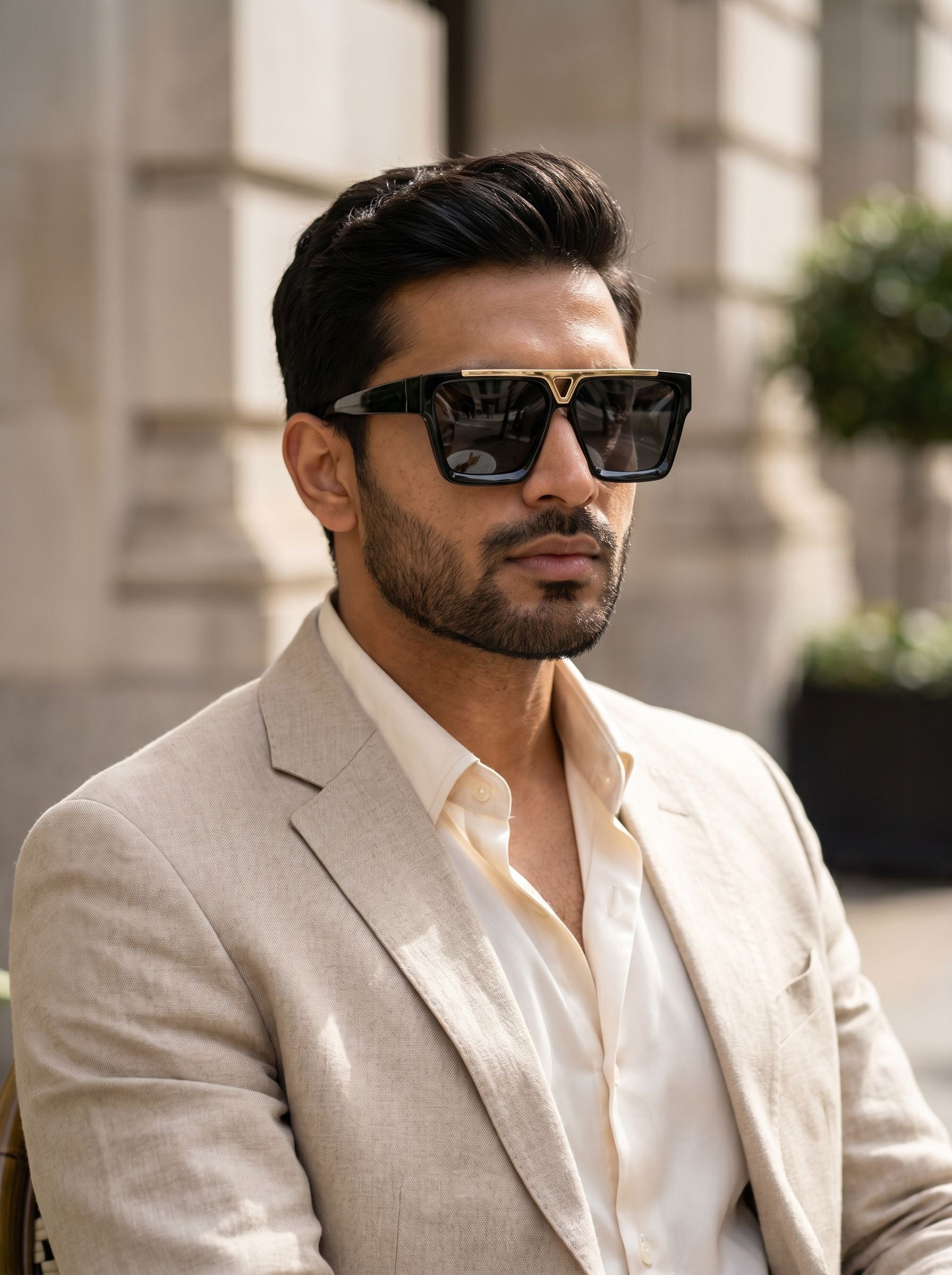 Male model wearing premium black square sunglasses with gold detailing
