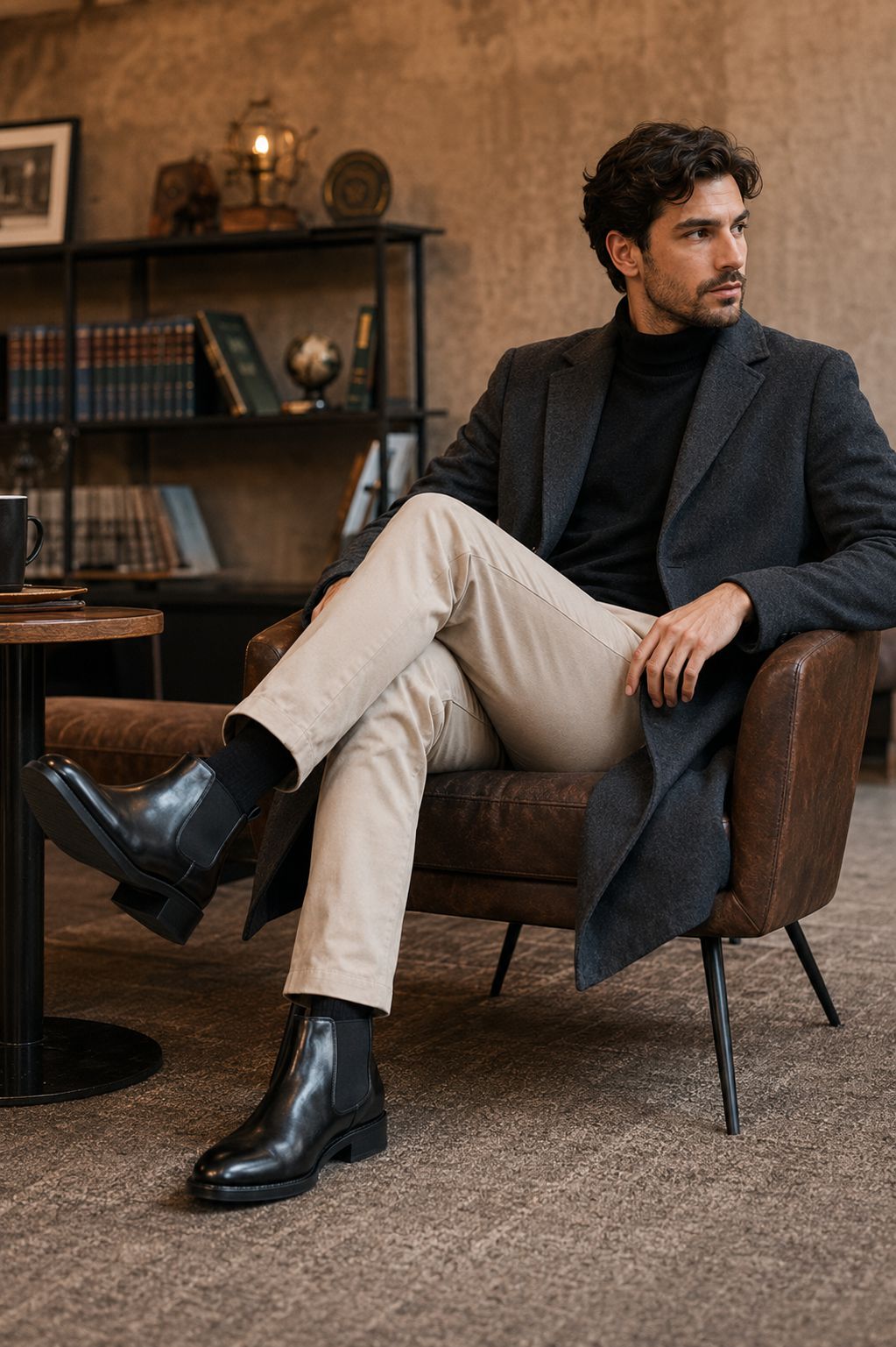 Man sitting in a chair wearing a dark coat, black shirt, beige pants, and black Chelsea shoes in a room with a bookshelf.
