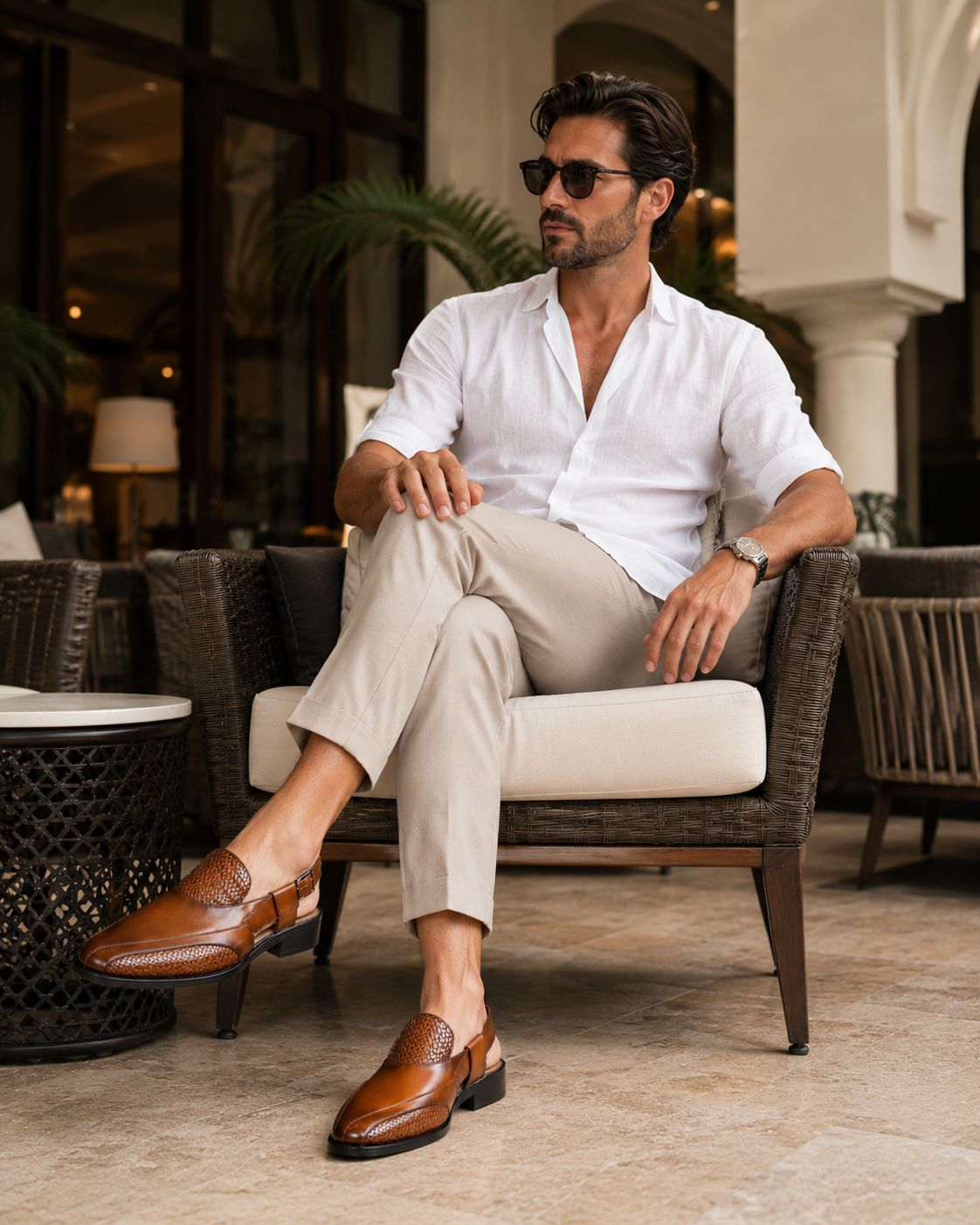 Man sitting on a chair wearing a white shirt, beige pants, and brown shoes in an outdoor setting.