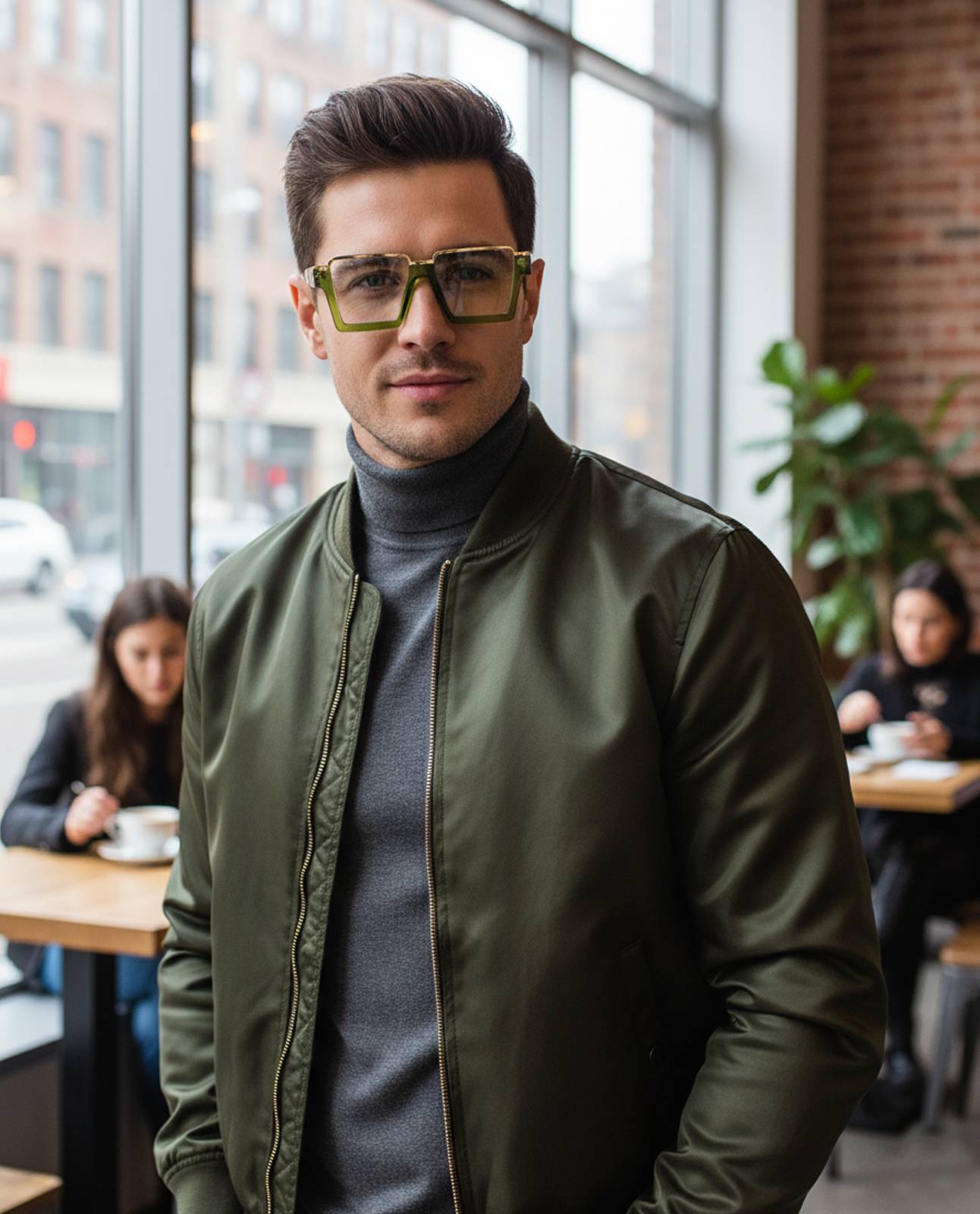 Man wearing a green bomber jacket and green geometric sunglasses in a cafe setting