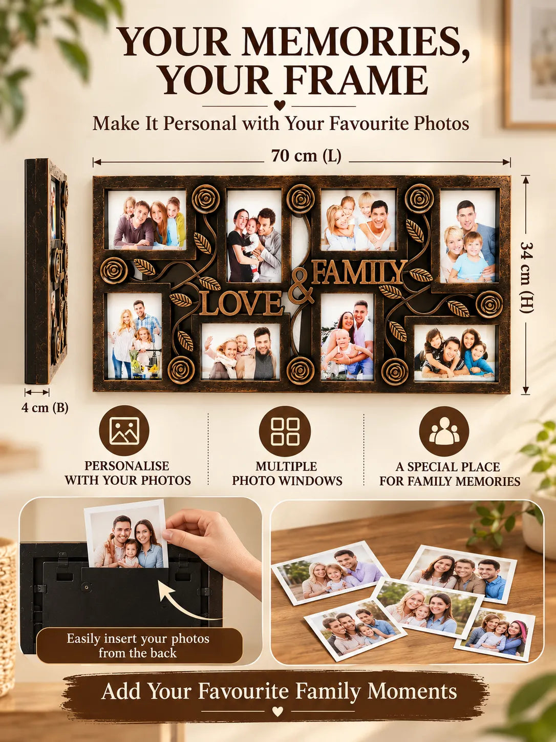 Antique Bronze Love & Family Photo Frame – Multi-Photo Wall Frame | 70 × 34 cm