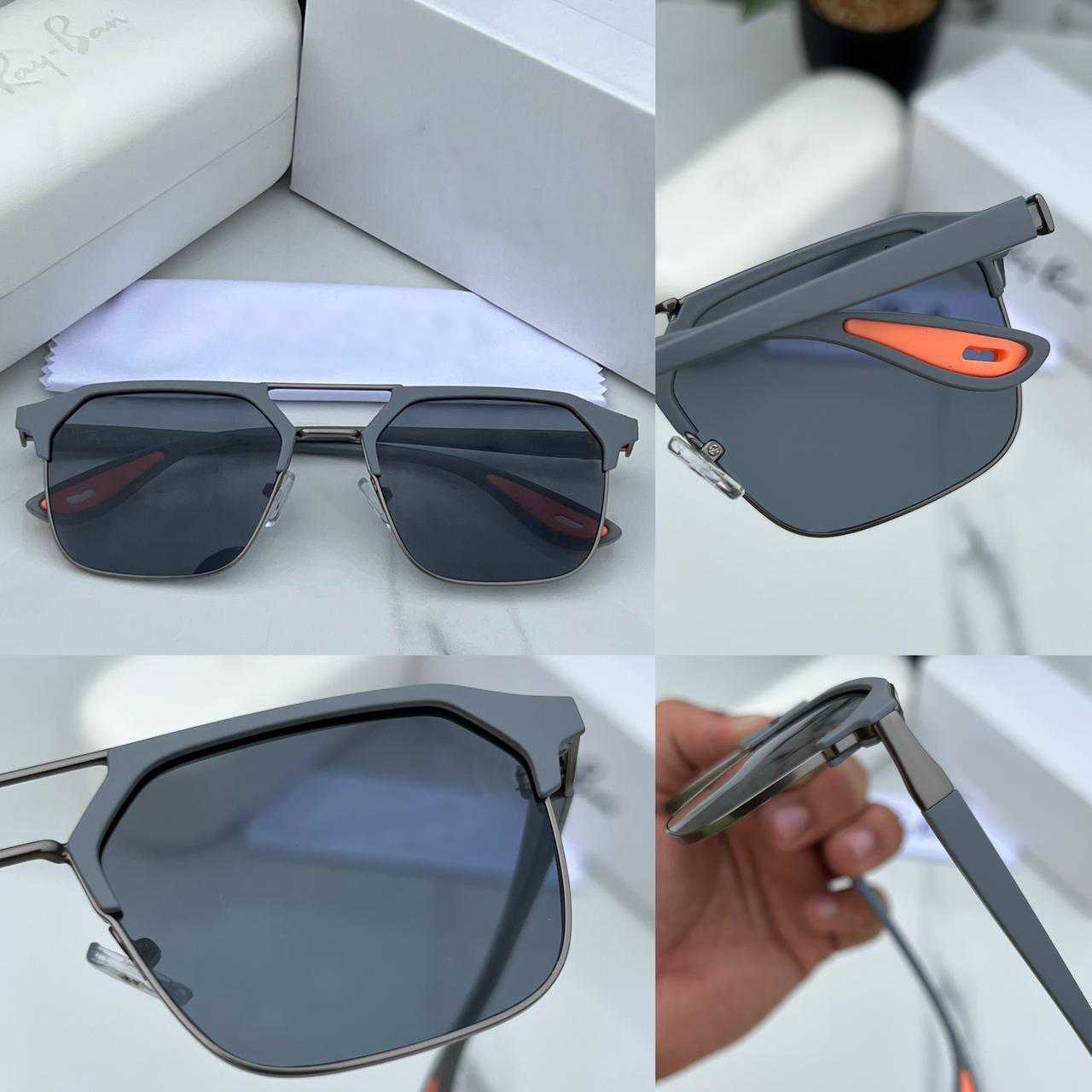 Men’s Premium Geometric Aviator Sunglasses – Matte Grey Frame with Dark Lenses & Orange Detailing