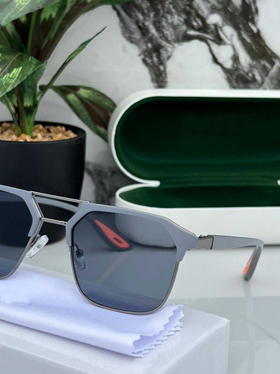 Men’s Premium Geometric Aviator Sunglasses – Matte Grey Frame with Dark Lenses & Orange Detailing