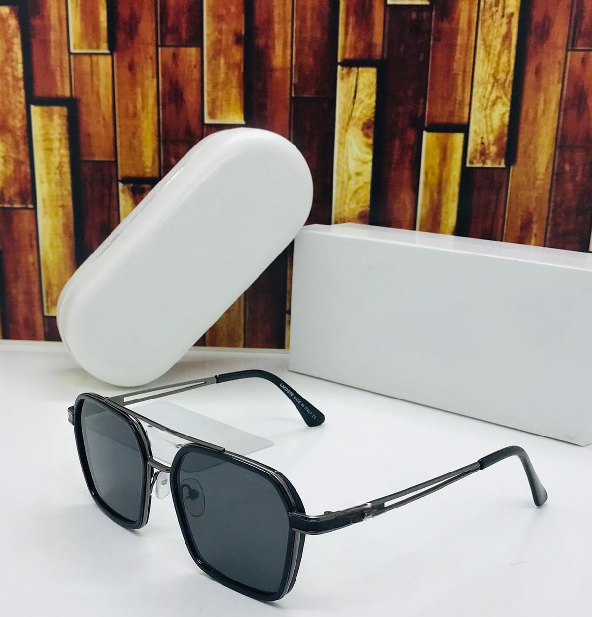 Men's Full Black Square Aviator Sunglasses with metal frame, high quality UV protected black lens, and white case.