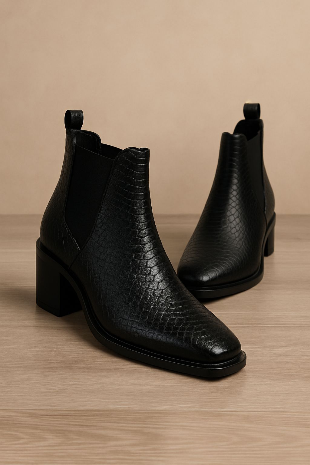 Men’s black Chelsea boots with suede faux leather upper on wooden floor – FunkyTradition