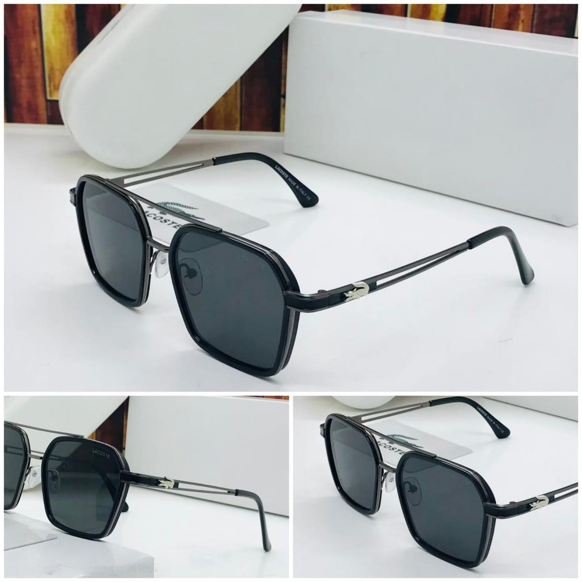 Men's square aviator sunglasses in full black metal frame with dark lenses and white case.