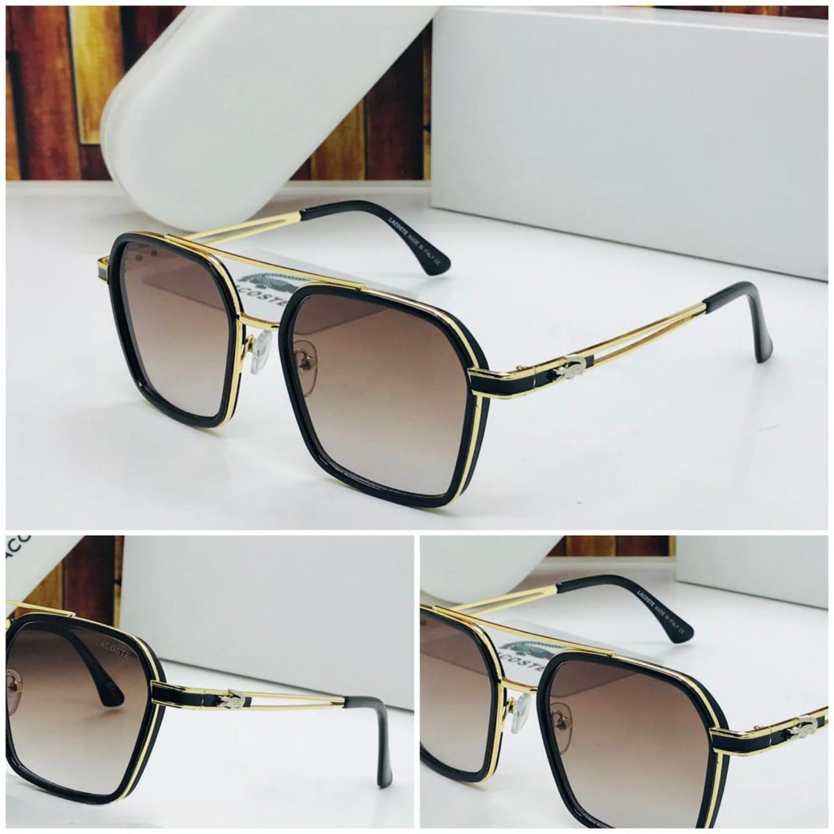 Men's stylish square sunglasses with black and gold frame and brown gradient lenses next to white case.
