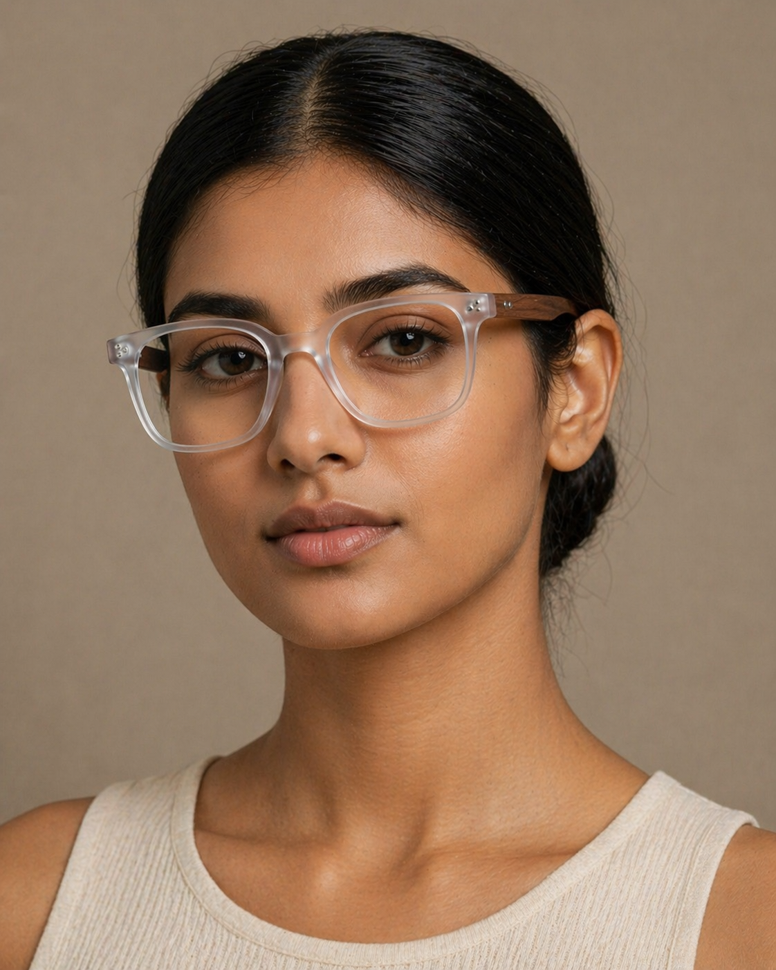 Minimalist clear optical frame on female model