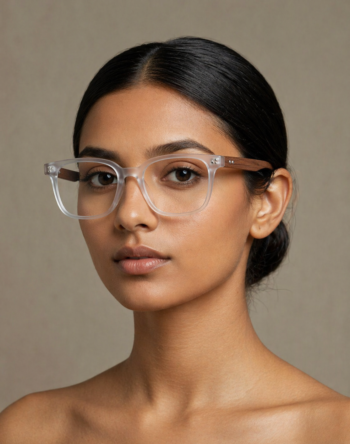 Minimalist clear optical frame on female model