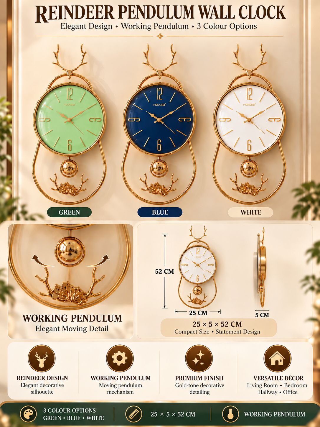 FunkyTradition Reindeer Pendulum Wall Clock – Gold Decorative Wall Clock with Working Pendulum | White, Blue & Green