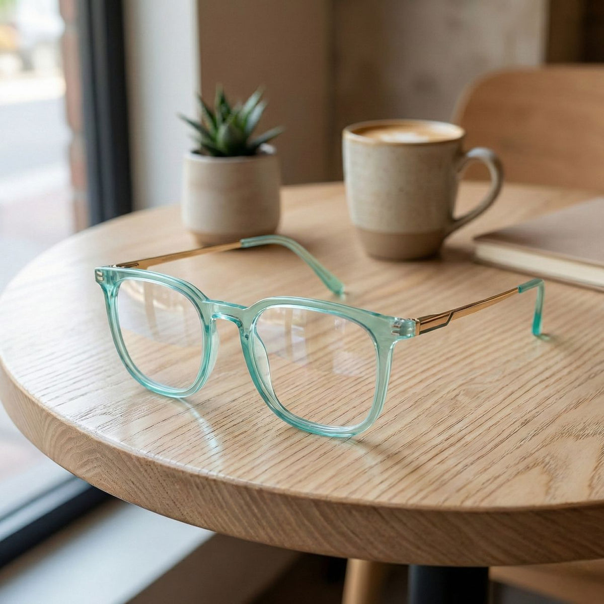 Mint green crystal eyeglasses on wooden table modern lifestyle eyewear