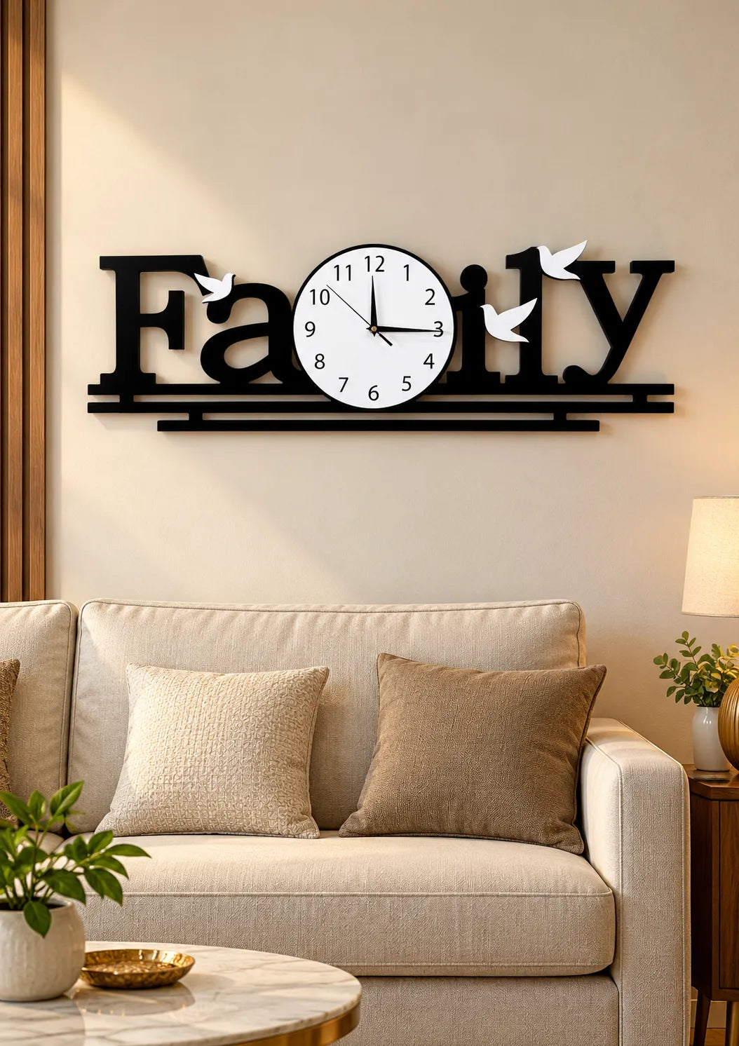Family Wall Clock with White Birds – Black Decorative Wooden Wall Clock