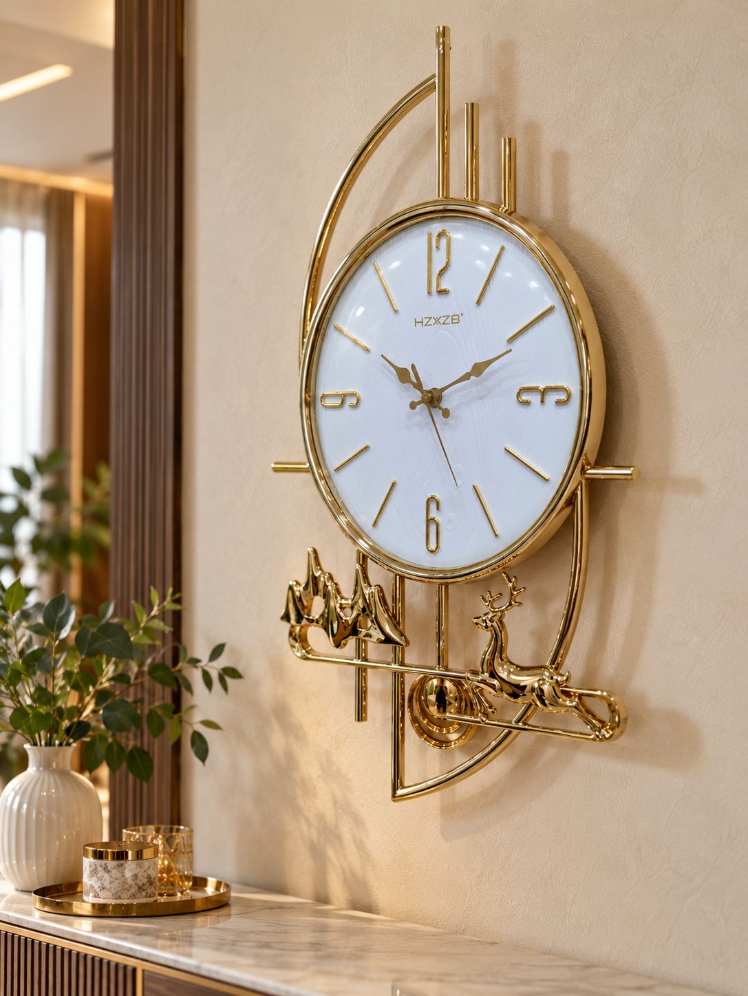 FunkyTradition Gold Reindeer & Mountain Pendulum Wall Clock – Luxury Designer Wall Clock with Glass Dial