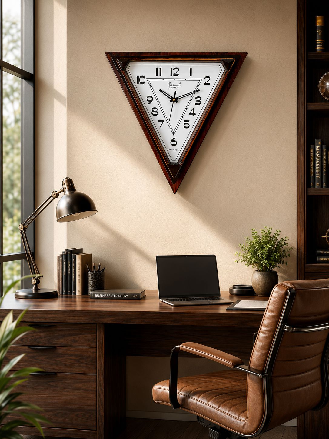 Modern triangular wall clock with premium fibre body and oscillating pendulum-style center panel.