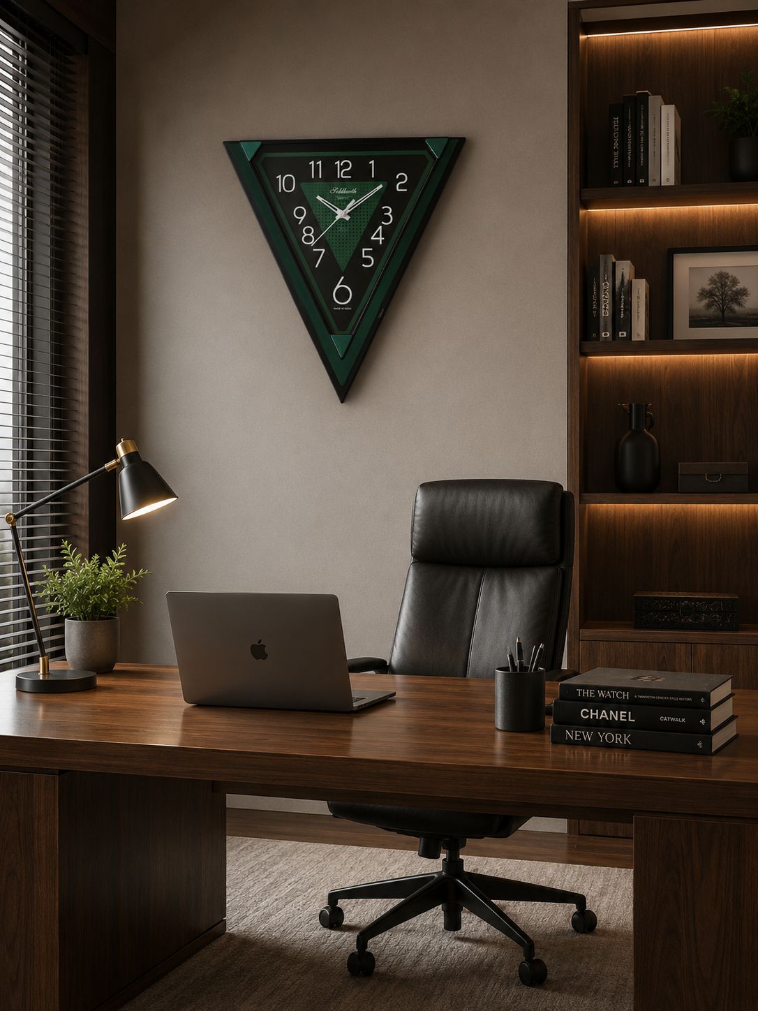 Modern Triangular Pendulum Wall Clock with Oscillating Center | Premium Fibre Body | Silent Quartz Movement | Designer Decorative Wall Clock for Living Room, Office & Bedroom 40 CM Tall