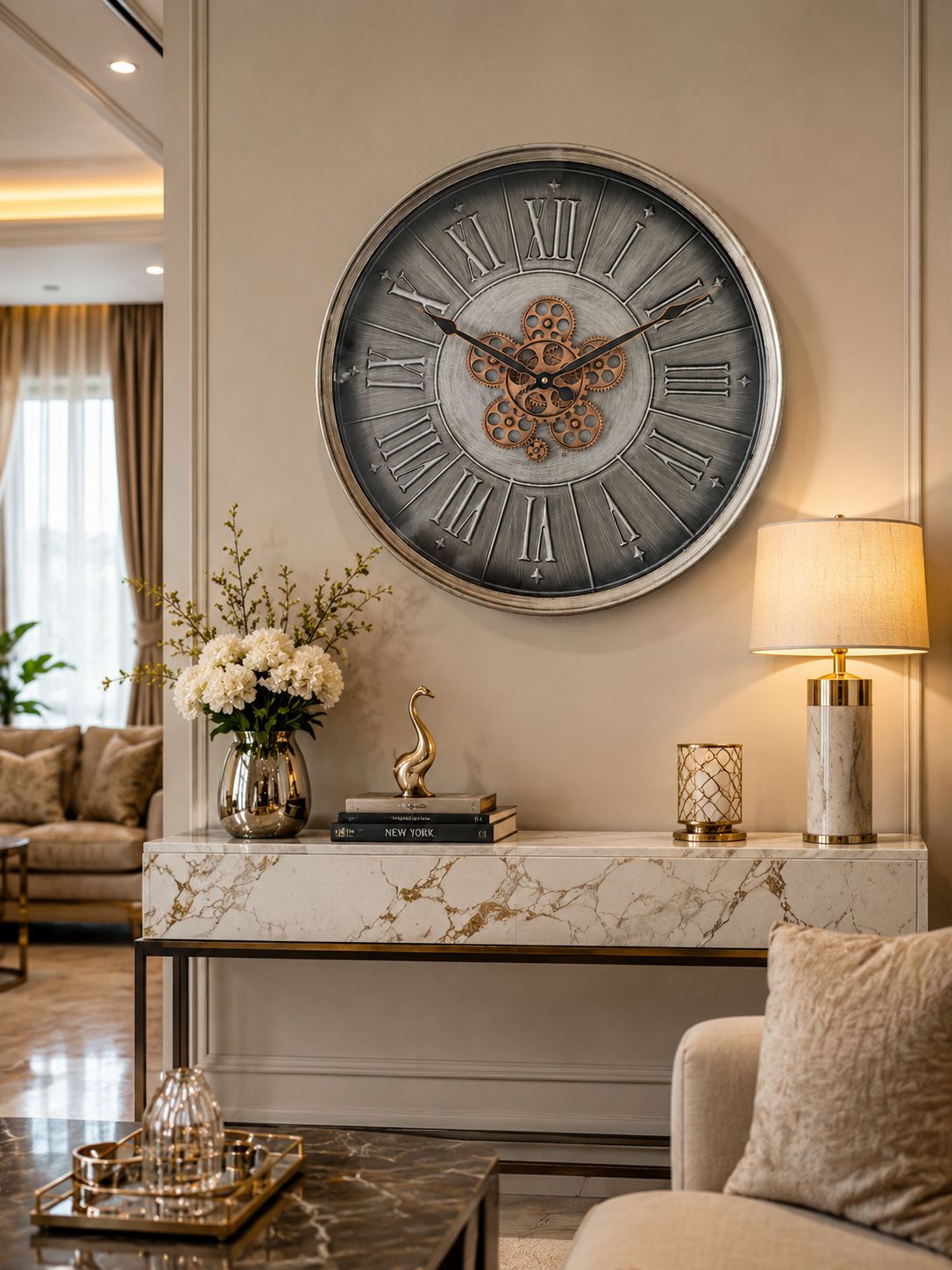 Modern Living Room Featuring Silver Metal Roman Numeral Wall Clock